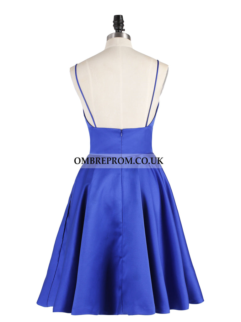 Royal Blue Spaghetti-straps V-neck Backless Satin Short Prom Dress OP165