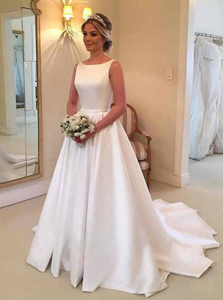 Simple A-Line Bateau Satin Backless Wedding Dress With Train OW381