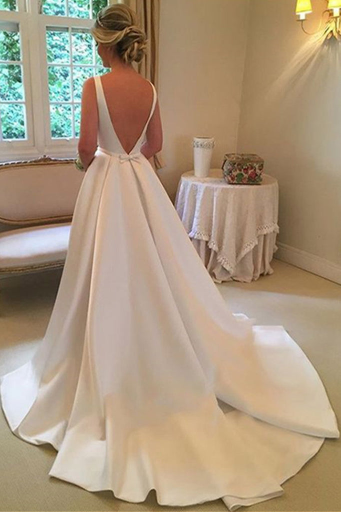 Simple A-Line Bateau Satin Backless Wedding Dress With Train OW381