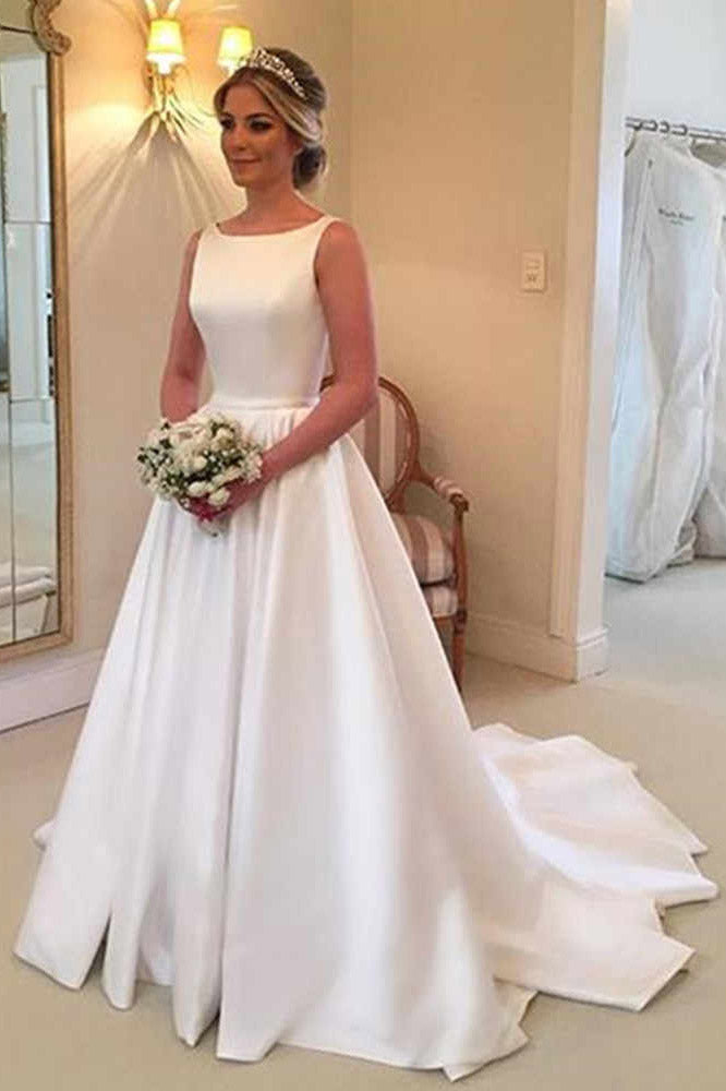 Simple A-Line Bateau Satin Backless Wedding Dress With Train OW381