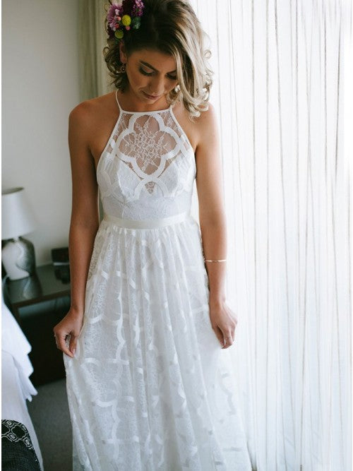 Simple A-Line Halter Lace Beach Wedding Dress