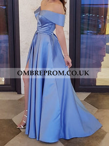 Simple Blue Satin Off The Shoulder Long Prom Dresses, Sexy Slit Party Dress OP291