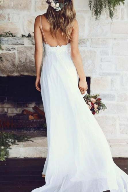 Simple Chiffon Spaghetti Backless Beach Wedding Dress With Applique OW378