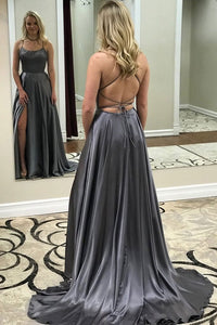 Simple Grey Long Prom Dresses Split