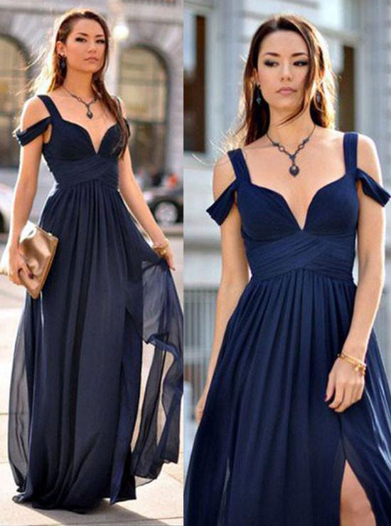 Simple A-line Navy Blue Straps Drop Sleeves Split Long Prom Dress OP334