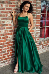 Simple Dark Green Long Prom Dresses Split