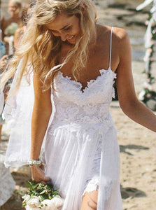 Simple Spaghetti-straps Tulle Lace Appliques Beach Sheath Wedding Dress OW345