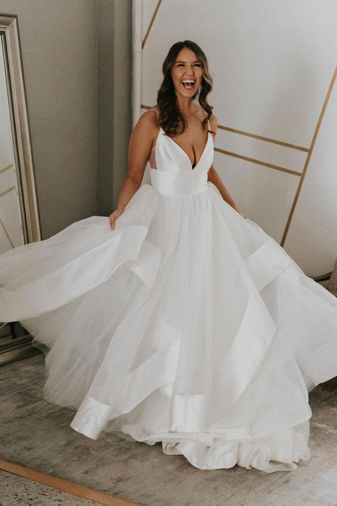 Simple A Line Deep V Neck Backless Wedding Dress