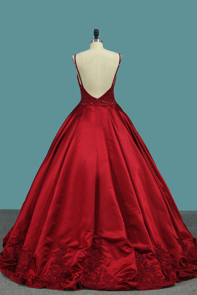 Quinceanera Red Ball Gown Spaghetti Straps Backless Prom Dress With Rhinestone