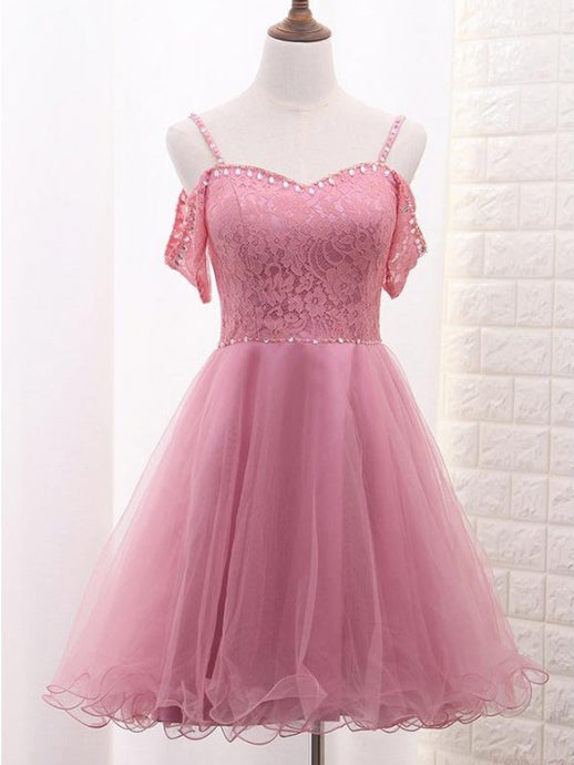 Spaghetti Straps Tulle Lace A Line Drop Shoulder Homecoming Dress OM131