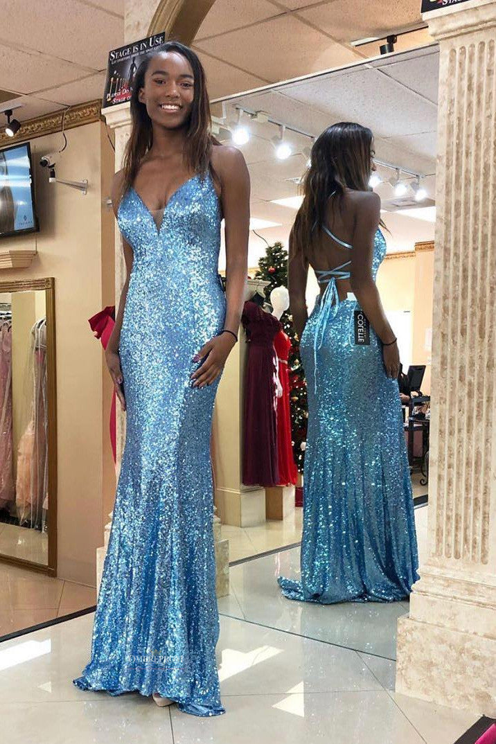 Mermaid Sparkly Blue V Neck Backless Sequins Prom Dress Evening Gown OP498