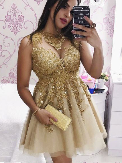 Sparkly Gold Short Prom Dress With Appliques Lace Party Dress OP236