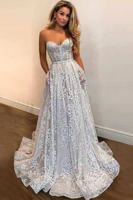 A-Line Sweetheart Sequins Long Prom Dress Lace Wedding Gown OW357