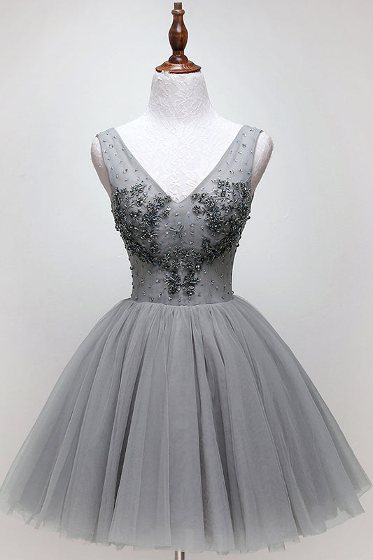 V-neck Beading Silver Short Prom Homecoming Dress Tulle Dance Dress OM470