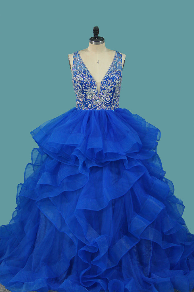 Princess Quinceanera Blue Tulle Beaded Bodice Ball Gown Prom Dress With Ruffles