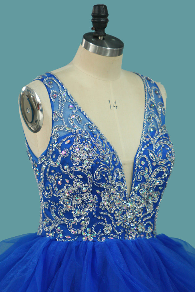 Princess Quinceanera Blue Tulle Beaded Bodice Ball Gown Prom Dress With Ruffles