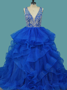 Princess Quinceanera Blue Tulle Beaded Bodice Ball Gown Prom Dress With Ruffles