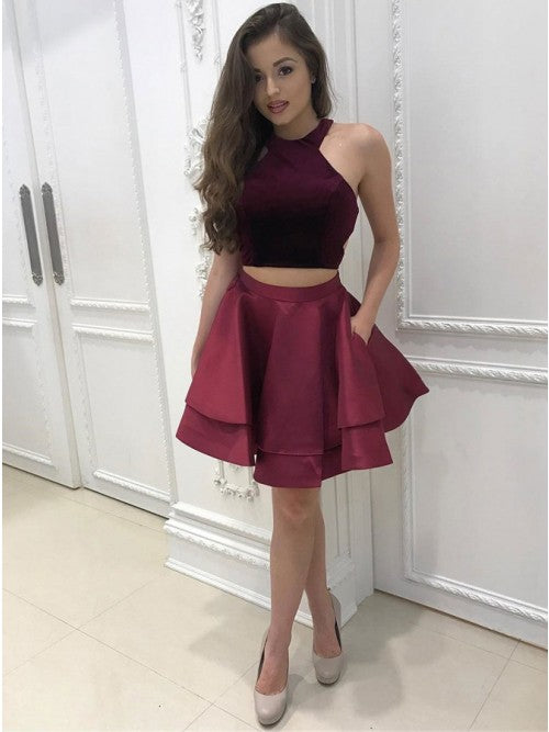 Maroon Sweet Two Pieces Layers Short Prom Dress with Pockets OP153