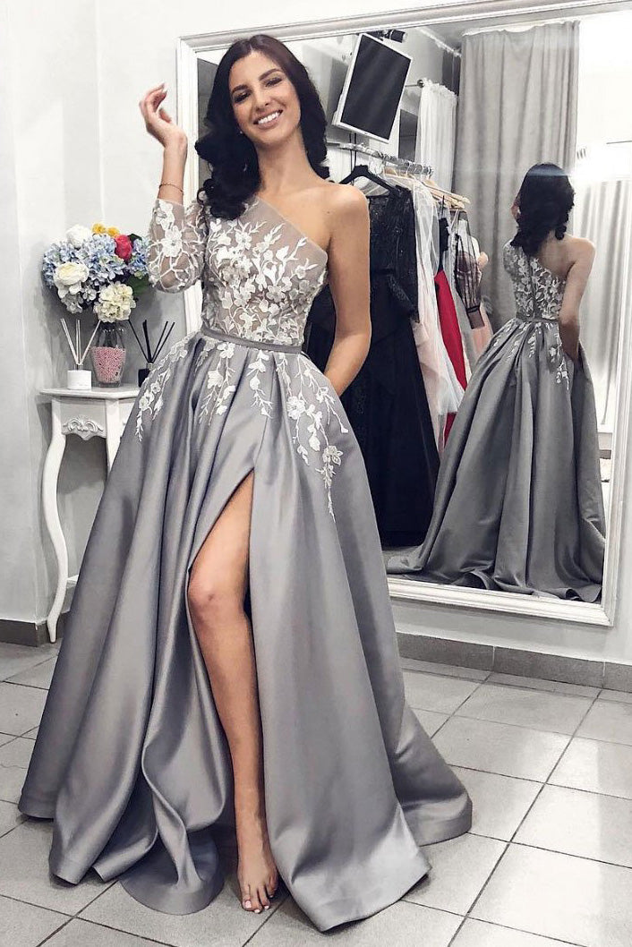 Unique One-Shoulder Long Sleeves Appliques Gray Prom Formal Dress With Split OP333