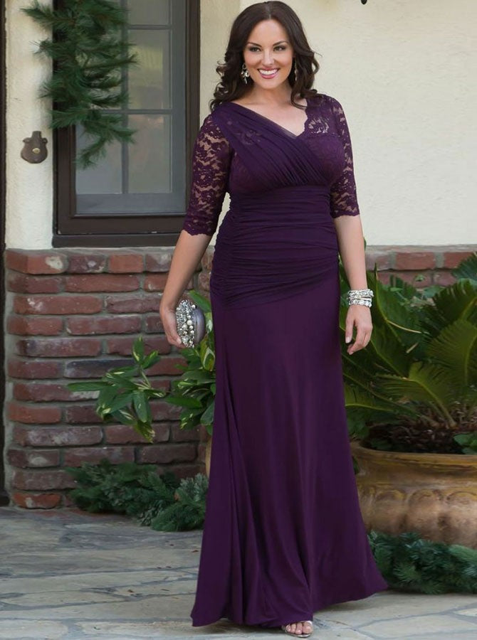 Plus Size V-Neck Ruched Half Sleeves Chiffon Mother Of The Bride Prom Dress With Lace MO103