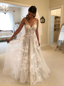 V neck Tulle Lace Appliques Long Beach Backless Wedding Dress OW333