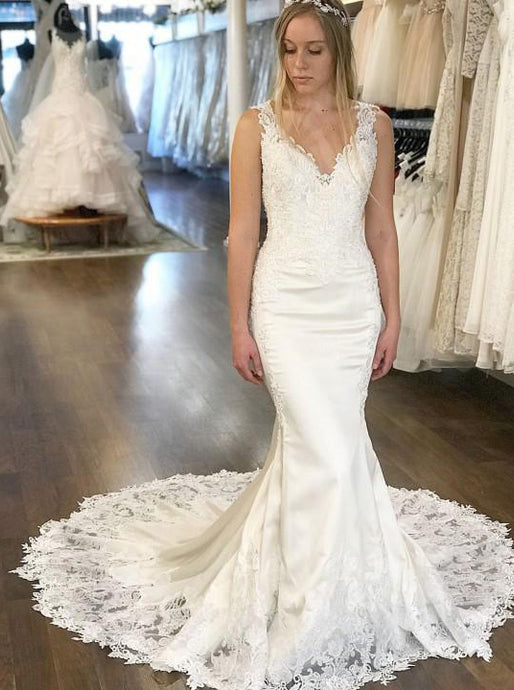 Mermaid V neck Lace Wedding Dresses Cathedral Train Wedding Gowns