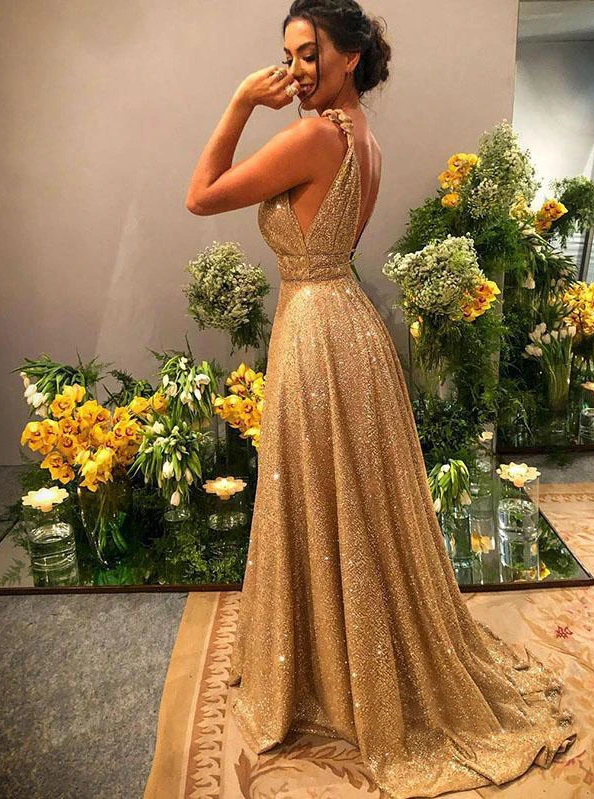 Chic A-line Gold Sparkly V neck Long Prom Dress Evening Dress