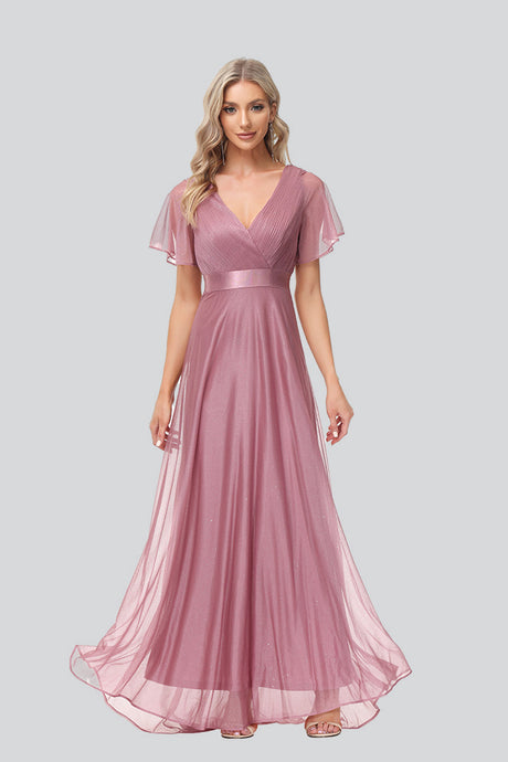 A Line V Neck Chiffon long Prom Dress Flowy Bridesmaid Dress XU90812SP