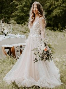 Romantic V-neck Boho Long Sleeve Country Wedding Dresses Applique Backless Bridal Dress OW663