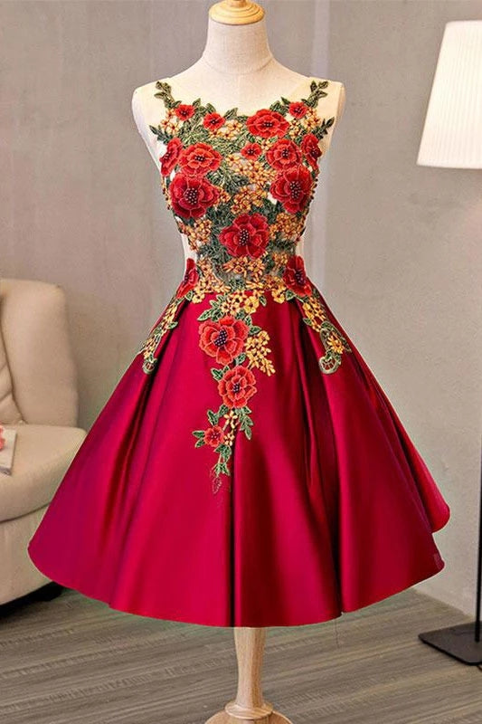 Pretty Short Satin A-line Lace Up Homecoming Dresses With Embroidered Appliques Ob924