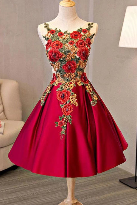 Pretty Short Satin A-line Lace Up Homecoming Dresses With Embroidered Appliques Ob924