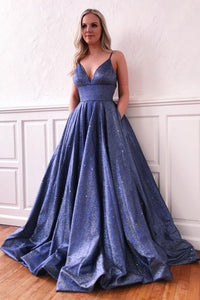 Modest Blue V-neck Spaghetti Straps Long Prom Dress With Pockets