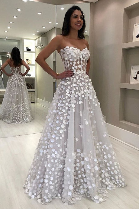 Elegant Sweetheart White A-line Floor Length Beach Wedding Dresses