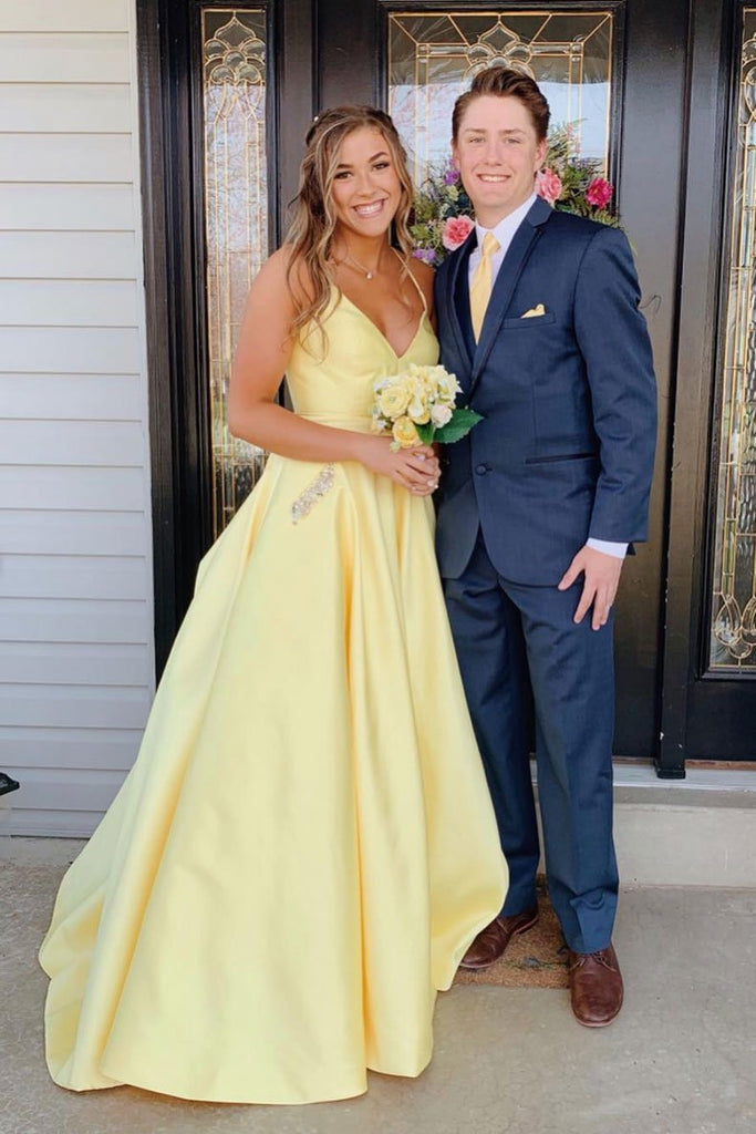 Yellow Backless Beaded Pockets Long Prom Dress Evening Dress OP658