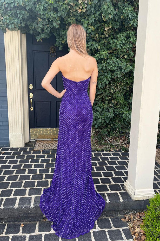 Mermaid Strapless Purple Sequins Long Prom Dresses with Slit N109