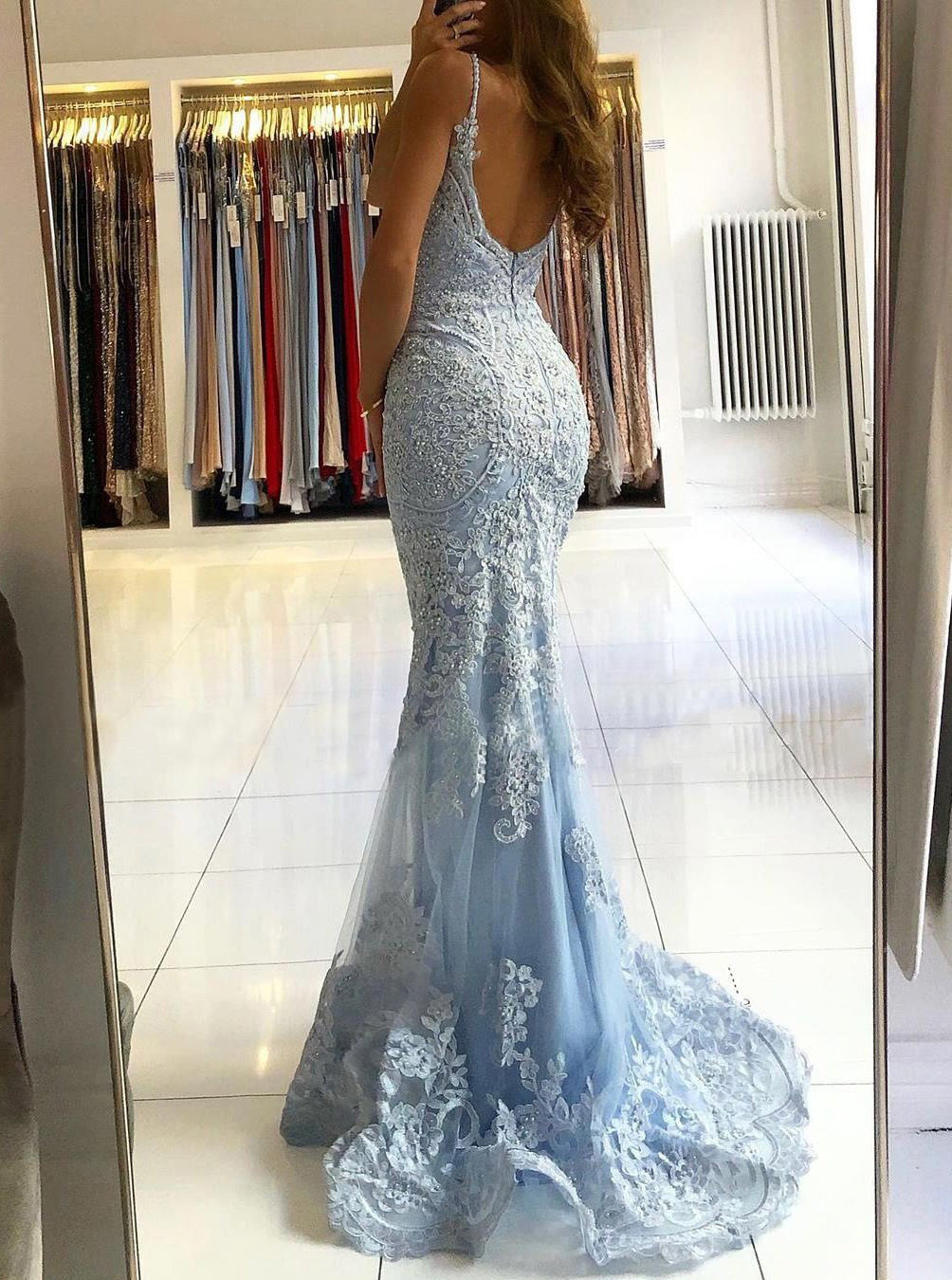 Chic Mermaid Spaghetti Straps Lace Long Prom Dresses Sky Blue Evening Dress