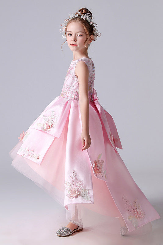 Pink Round Neck Sleeveless Flower Girl Dress With Appliques