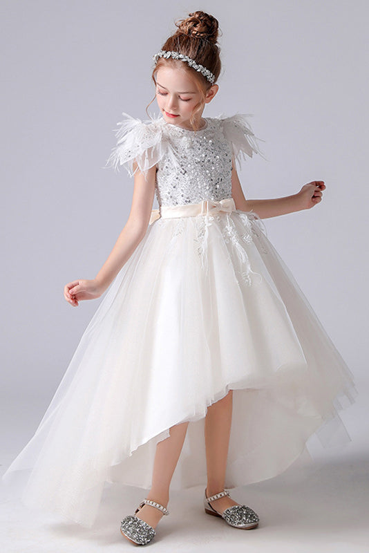 A- Line Cap Sleeves Tulle Beading Flower Girl Dress