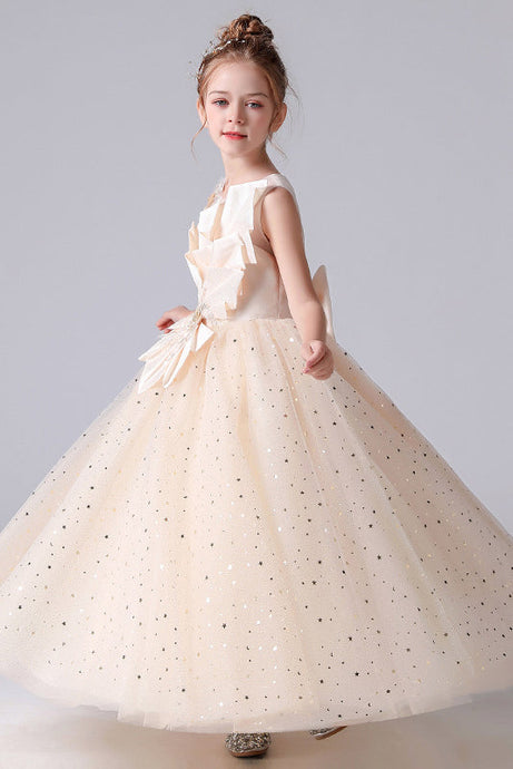 Sleeveless Appliques Pleats Princess Flower Girl Dress With Bowknot