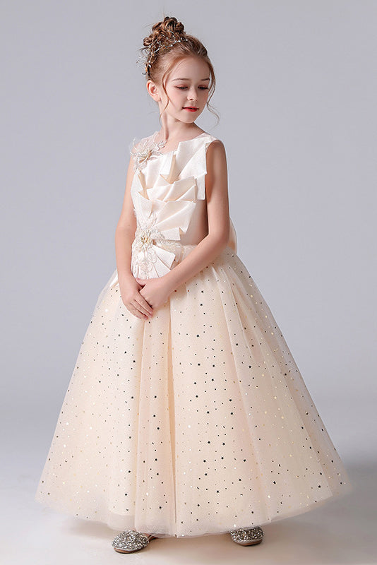 Sleeveless Appliques Pleats Princess Flower Girl Dress With Bowknot