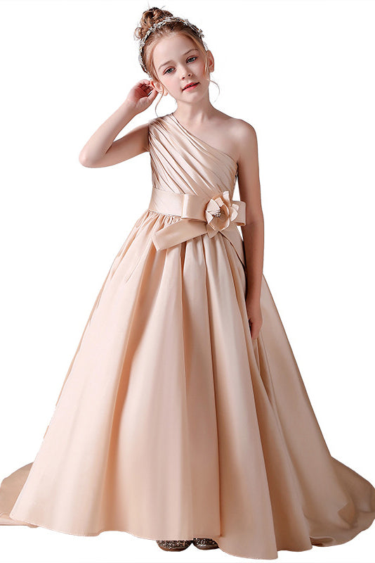 One shoulder Champagne Pleats Flower Girl Dress With Fower Belt