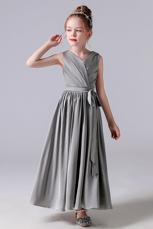 Simply A-line Stain Pleats Flower Girl Dress With Belt