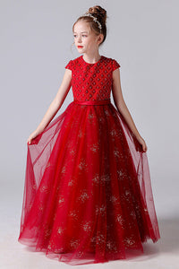 Red Cap Sleeves Tulle Flower Girl Dress With Beading