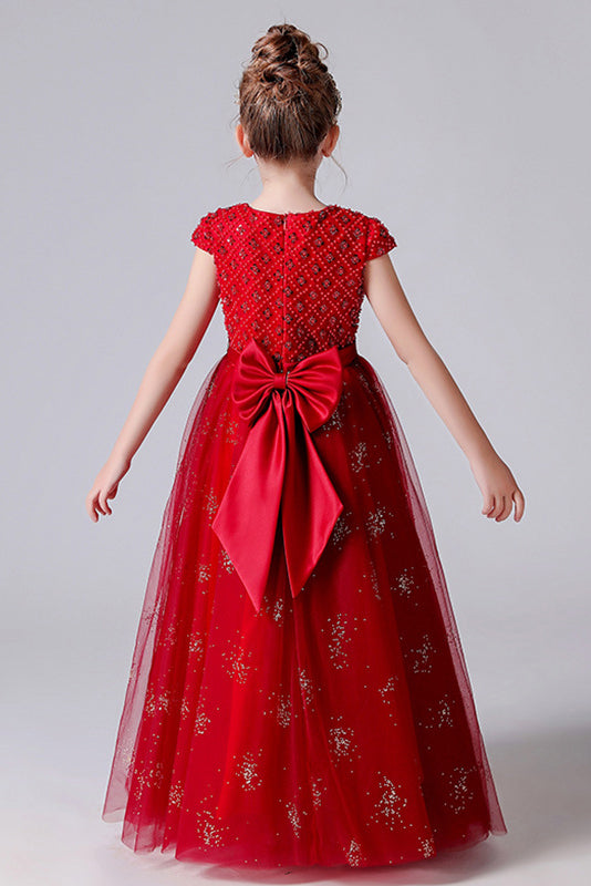 Red Cap Sleeves Tulle Flower Girl Dress With Beading