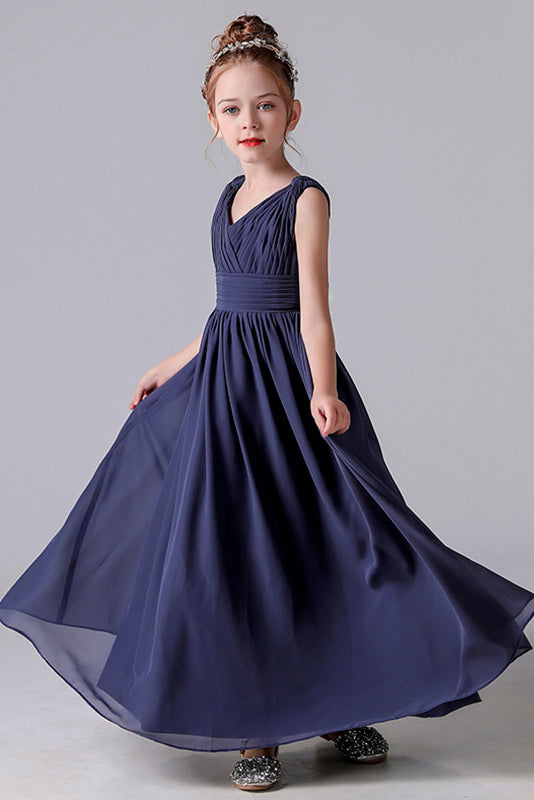 Simple A-Line V-Neck Chiffon Sleeveless Flower Girl Dress With Pleats