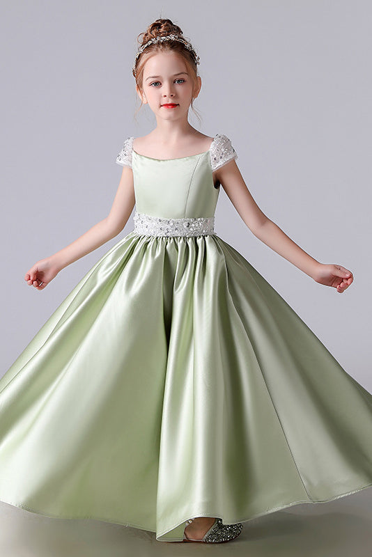 Cute A-Line Green Cap Sleeves Flower Girl Dress With Beading