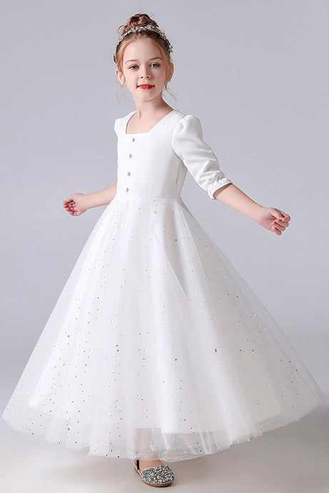 Elegant White A-line Square Half Sleeves Flower Girl Dress With Sequins