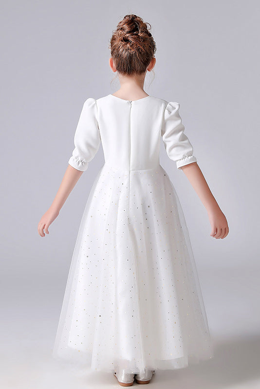 Elegant White A-line Square Half Sleeves Flower Girl Dress With Sequins
