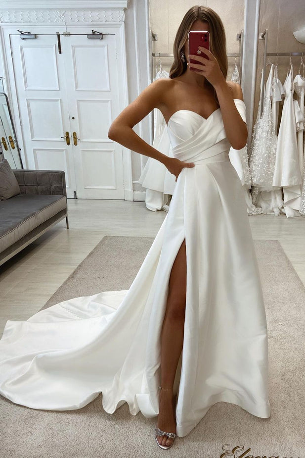 A Line Strapless Satin Wedding Dresses with Slit N131