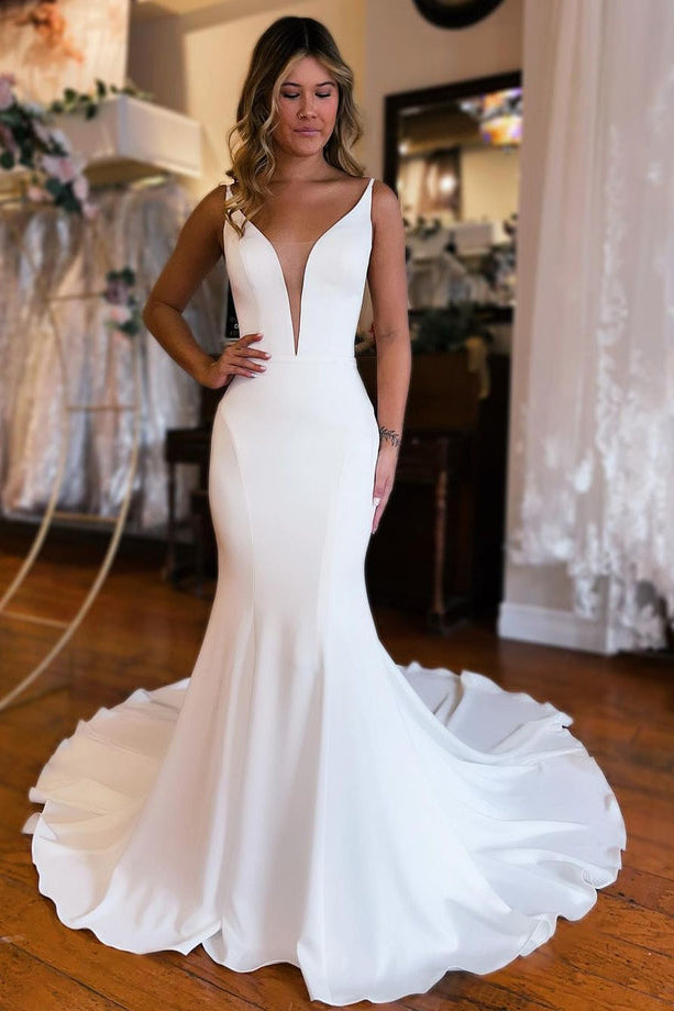 Mermaid V Neck Satin Wedding Dresses with Open Back N079